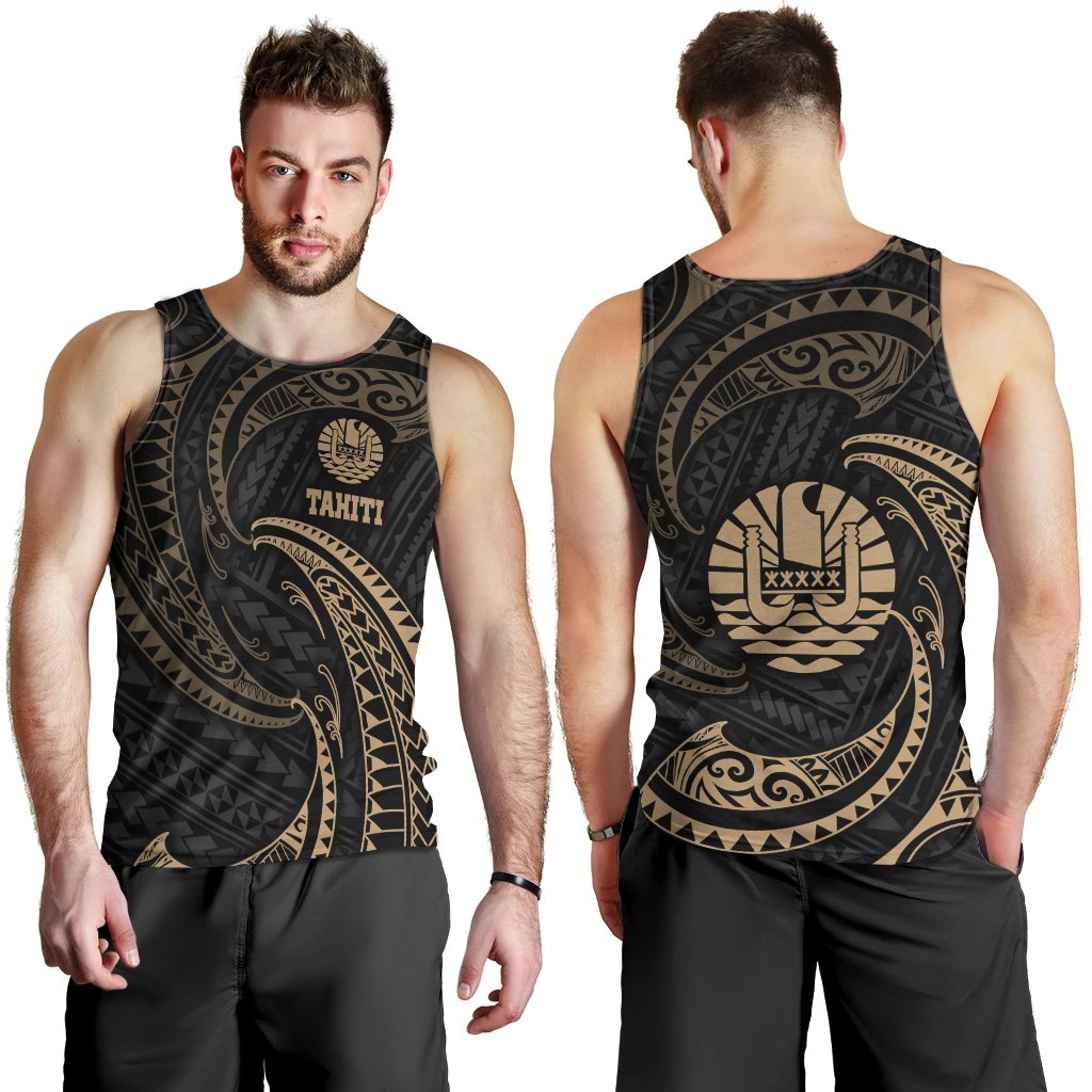 Tahiti Polynesian Men's Tank Top - Gold Tribal Wave Black - Polynesian Pride