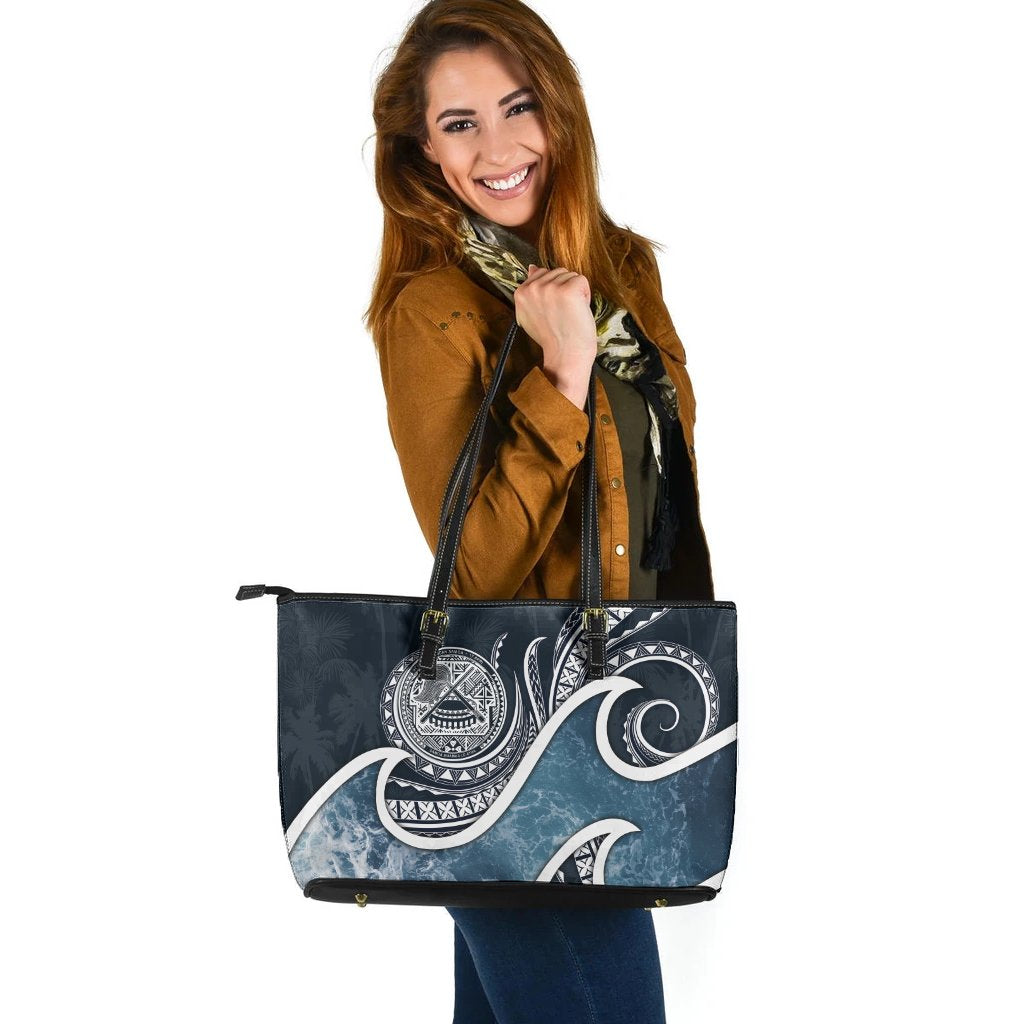 American Samoa Polynesian Large Leather Tote Bag - Ocean Style Blue - Polynesian Pride