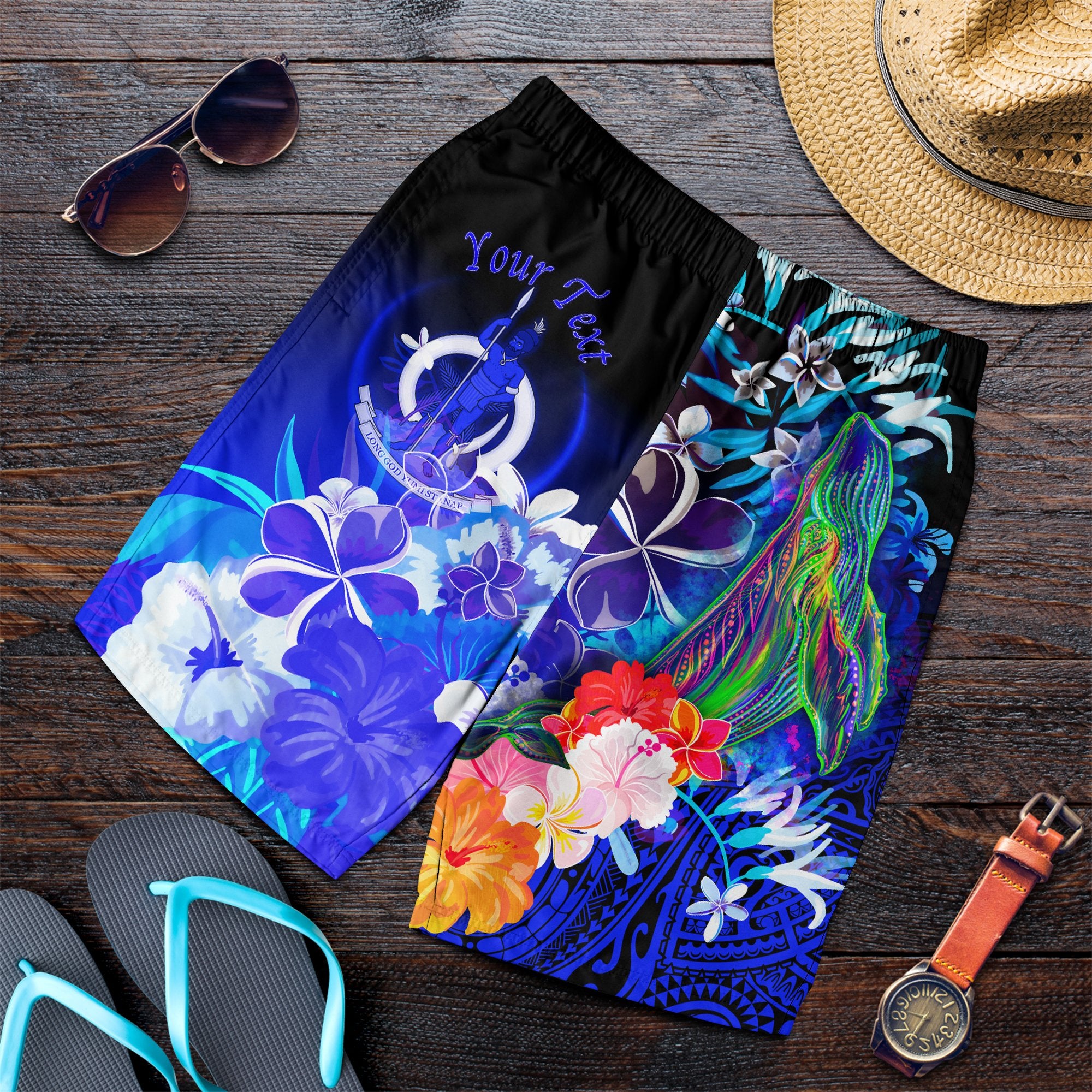 Vanuatu Custom Personalised Men's Shorts - Humpback Whale with Tropical Flowers (Blue) Blue - Polynesian Pride