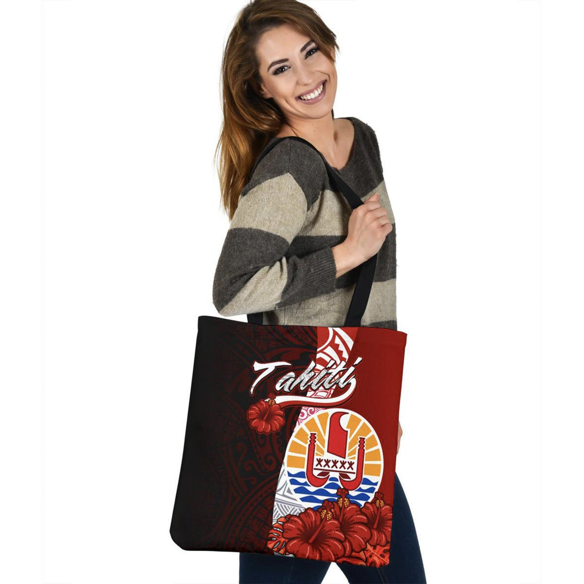 Tahiti Polynesian Tote Bag - Coat Of Arm With Hibiscus Tote Bag One Size Red - Polynesian Pride