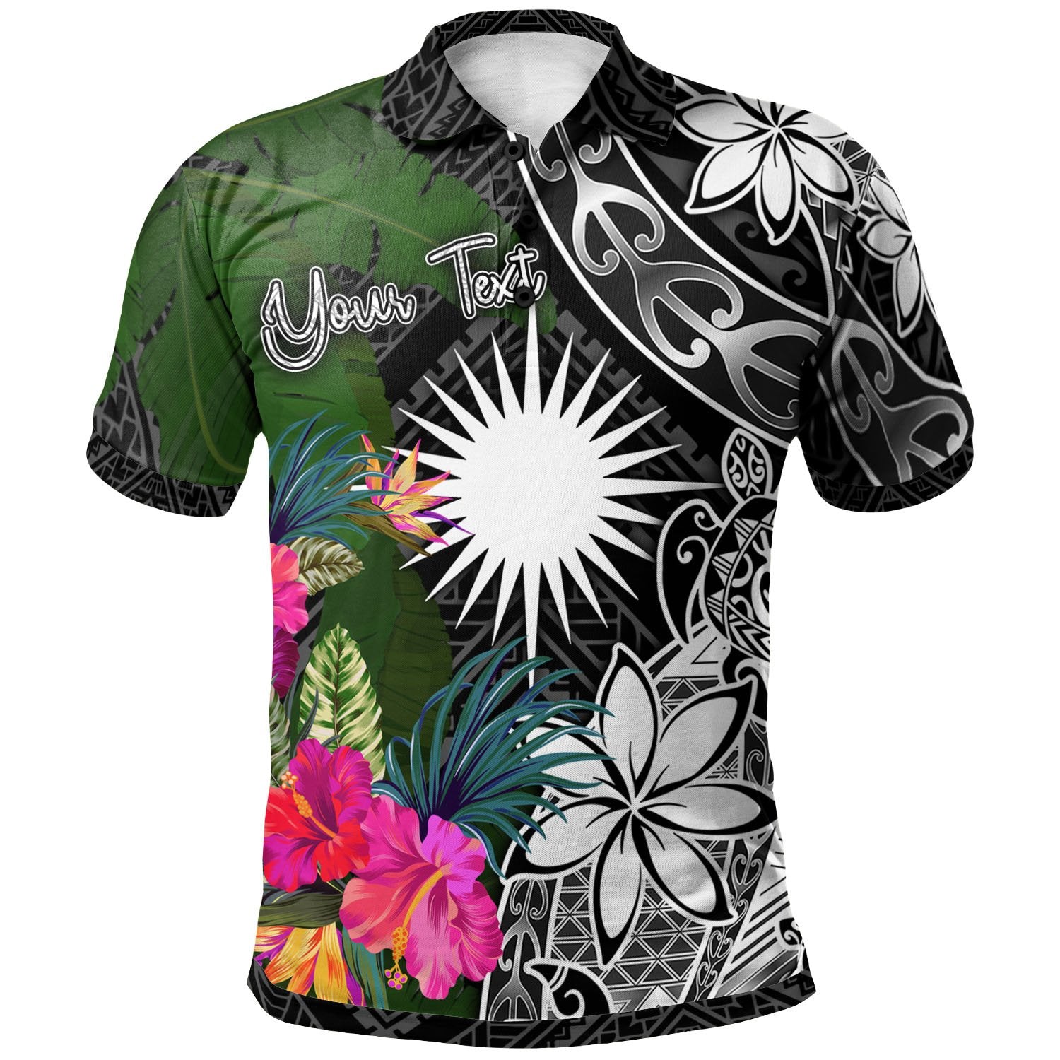 Marshall Island Custom Polo Shirt Turtle Plumeria Banana Leaf Unisex Black - Polynesian Pride