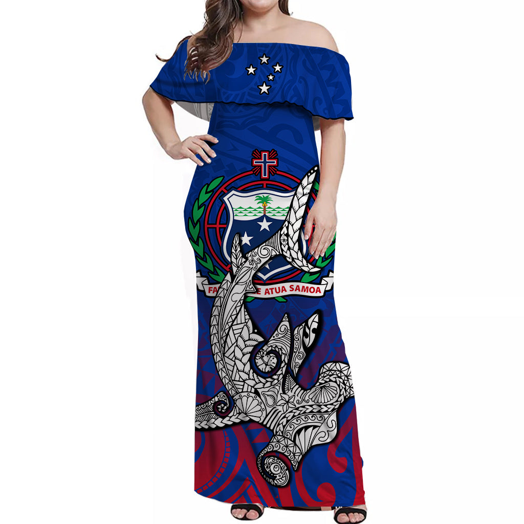 Samoa Off Shoulder Long Dress Hammerhead Shark Speical LT13 Women Blue - Polynesian Pride