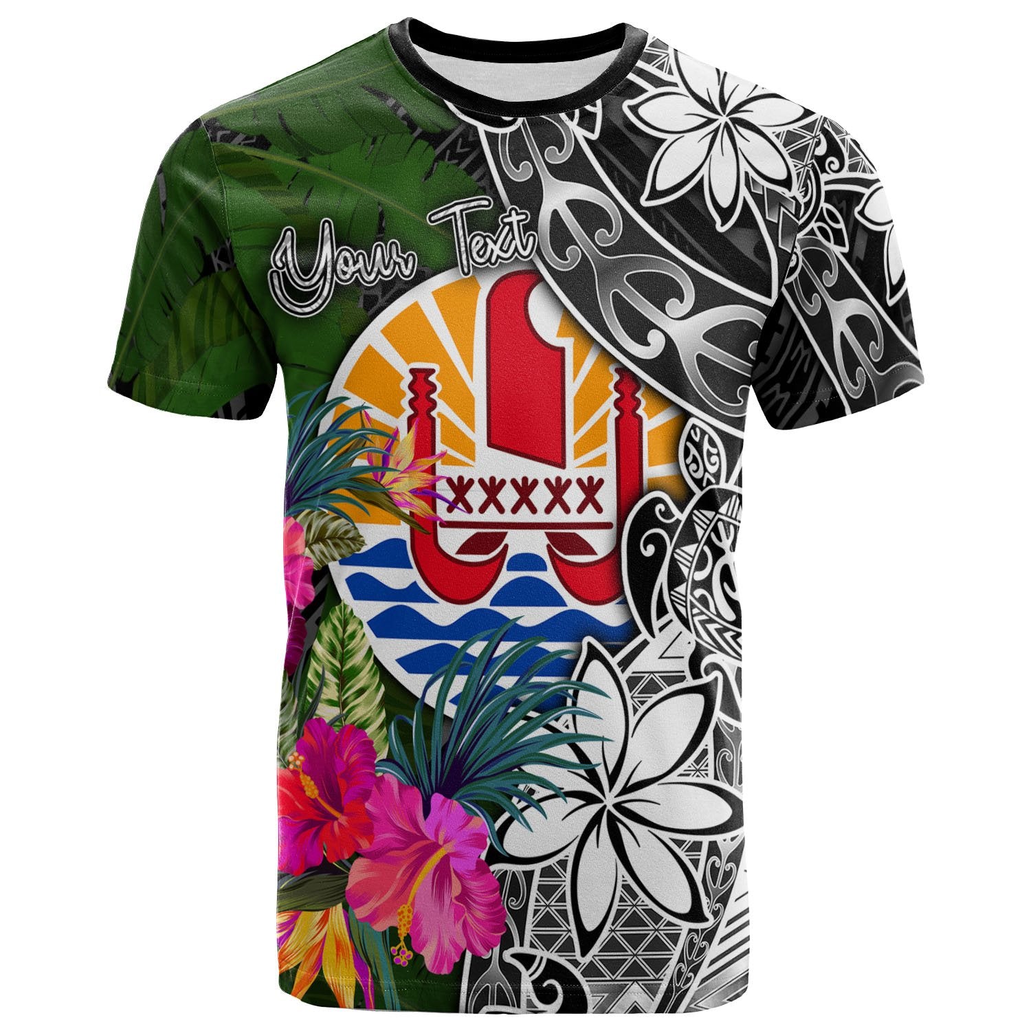 Tahiti Custom T Shirt Turtle Plumeria Banana Leaf Unisex Black - Polynesian Pride