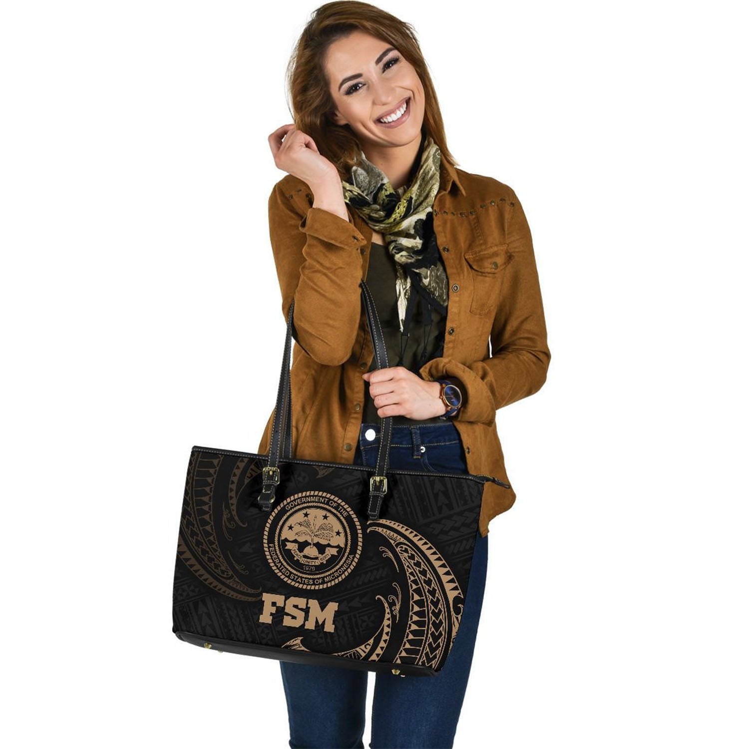 Federated States Of Micronesia Leather Tote Bag - Gold Tribal Wave Gold - Polynesian Pride