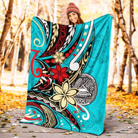 American Samoa Premium Blanket - Tribal Flower With Special Turtles Blue Color - Polynesian Pride