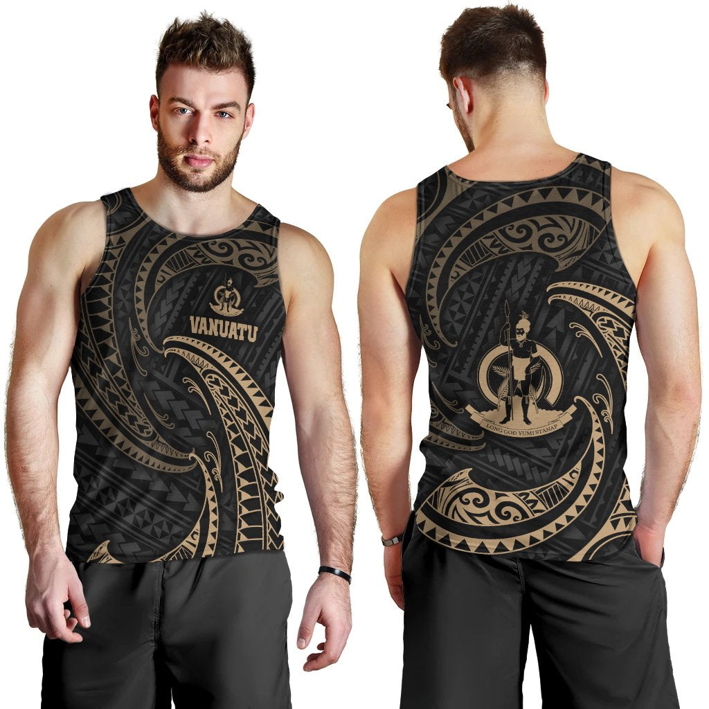 Vanuatu Polynesian Men's Tank Top - Gold Tribal Wave Black - Polynesian Pride