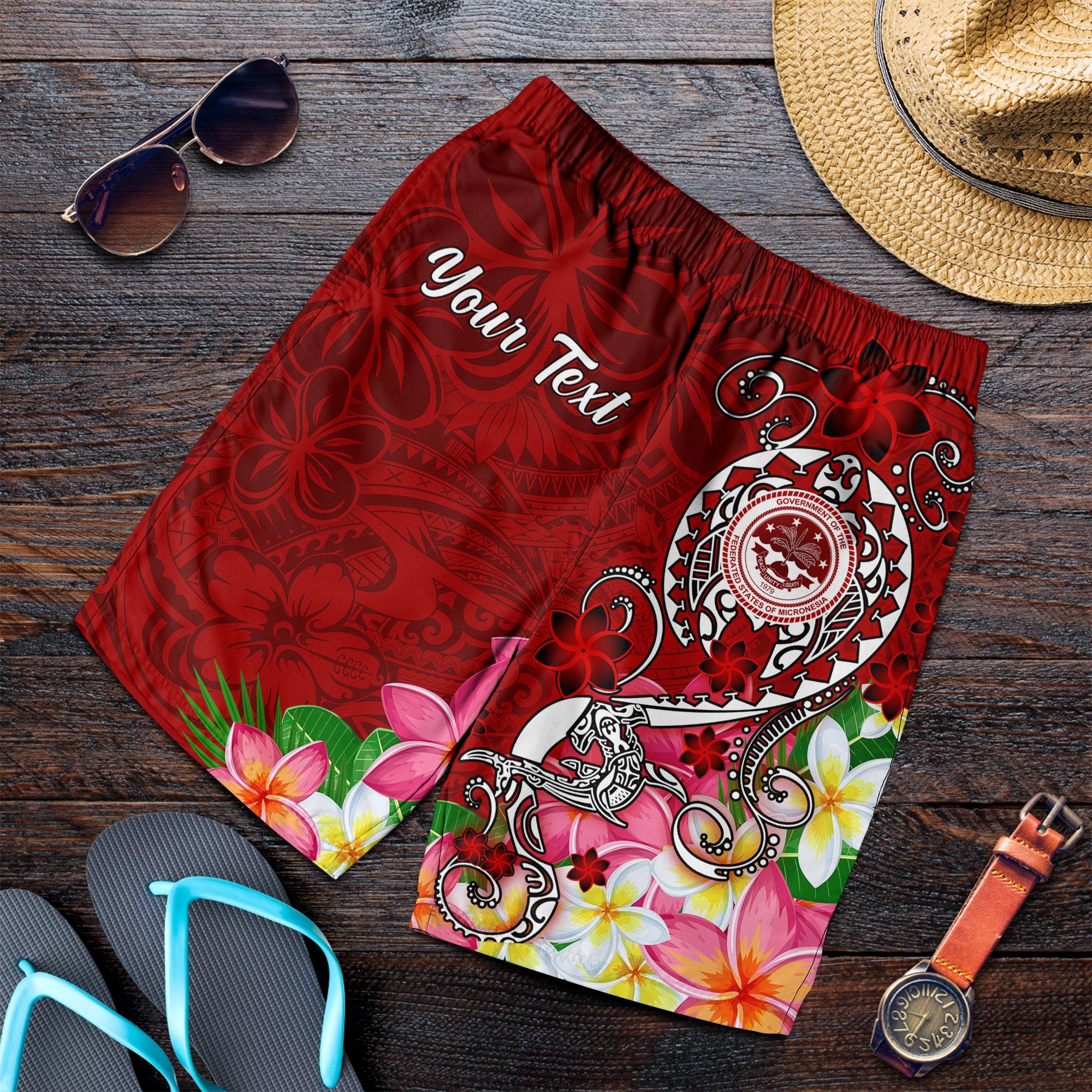 FSM Custom Personalised Men's Short - Turtle Plumeria (RED) - Polynesian Pride