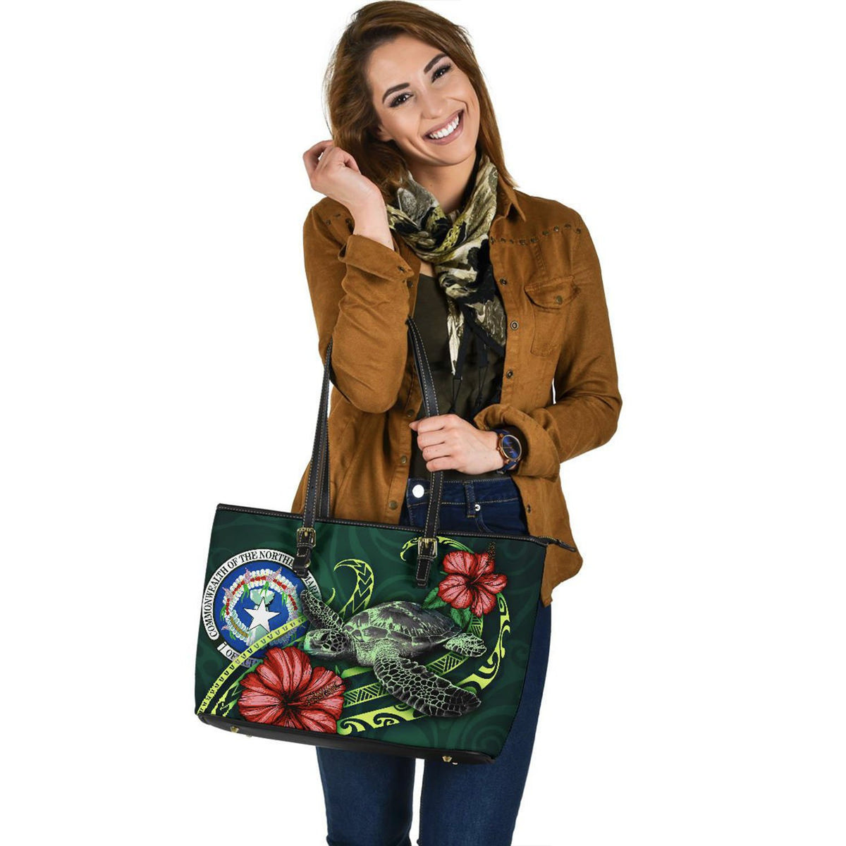 Northern Mariana Islands Polynesian Leather Tote Bag - Green Turtle Hibiscus - Polynesian Pride