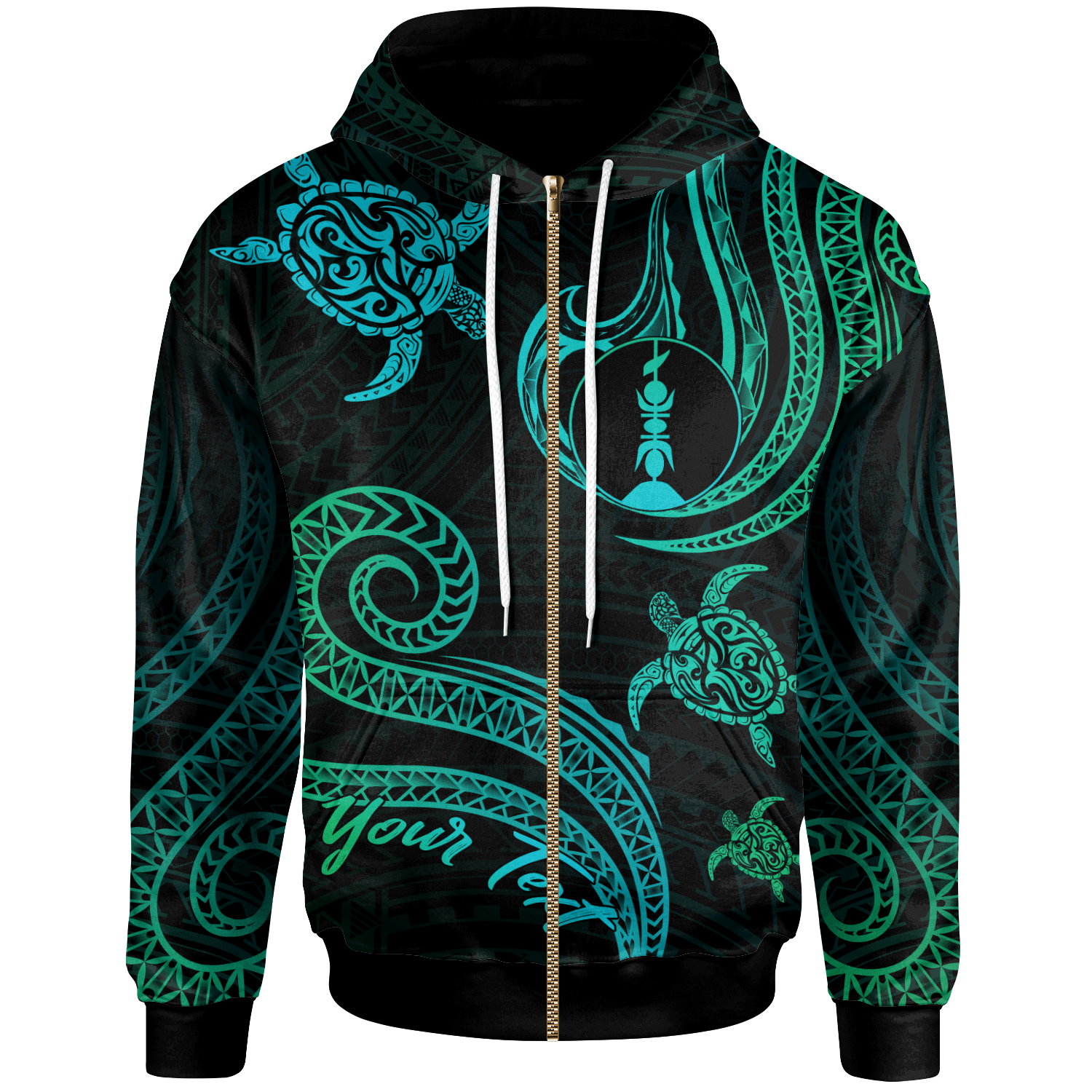 New Caledonia Custom Zip Hoodie Polynesian Turtle With Pattern Unisex Blue Green - Polynesian Pride