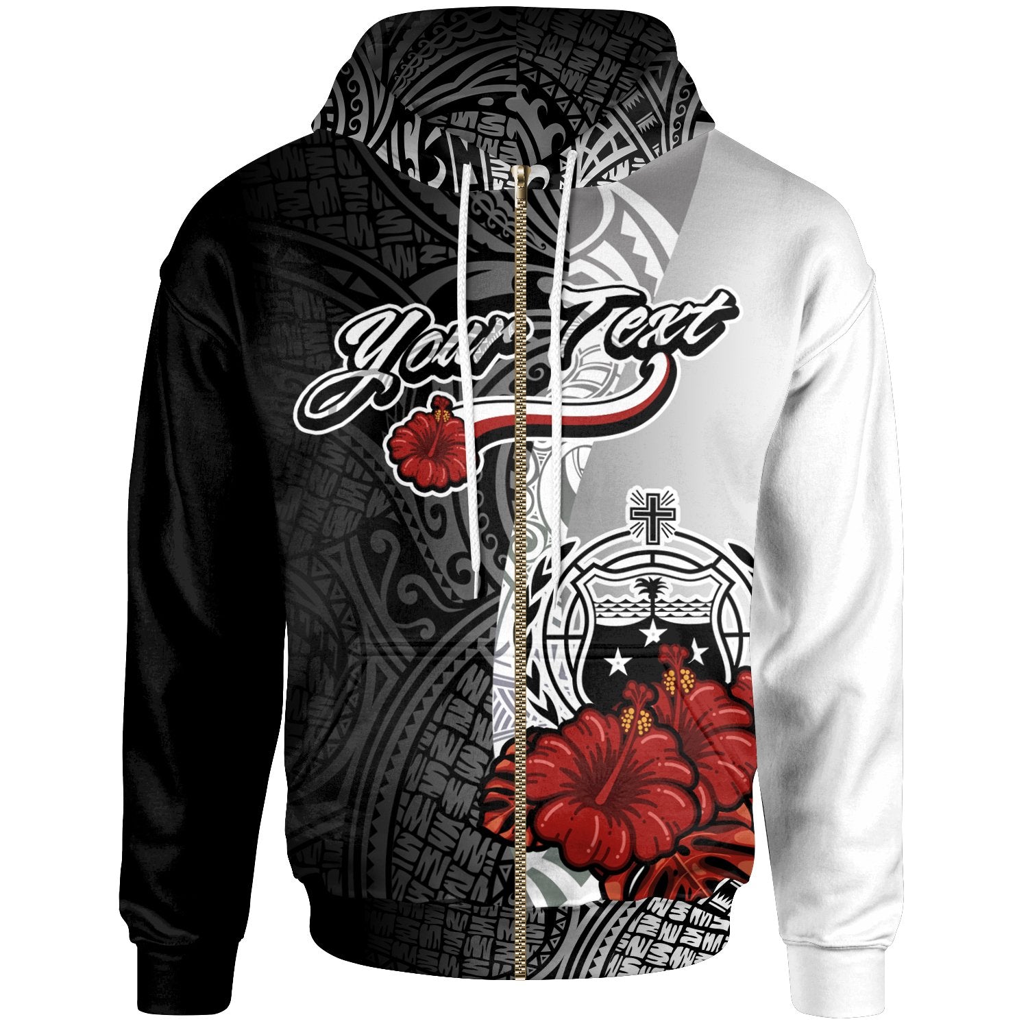 Samoa Polynesian Custom Zip up Hoodie Coat of Arm With Hibiscus White Unisex White - Polynesian Pride