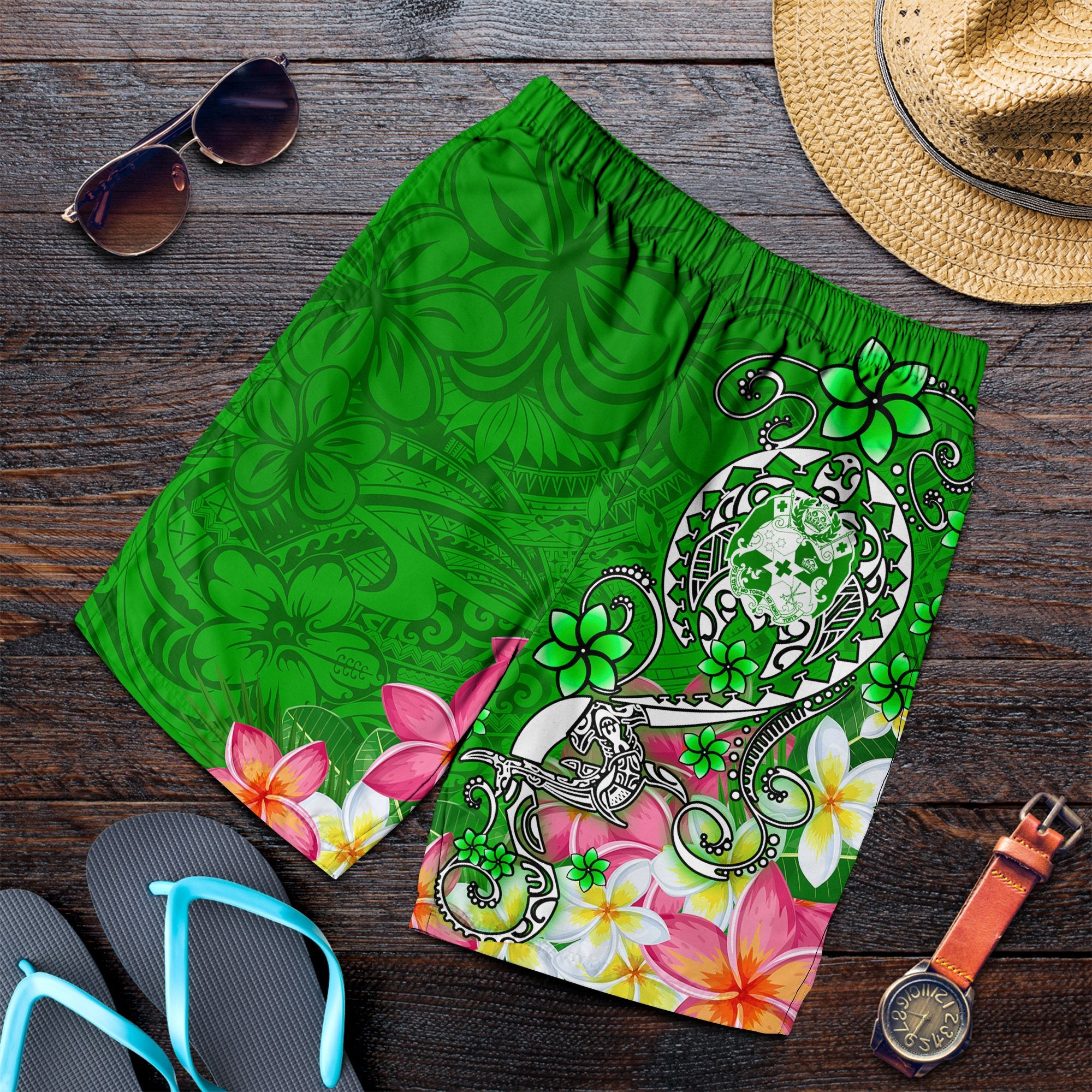 Tonga Men's Shorts - Turtle Plumeria (GREEN) Green - Polynesian Pride