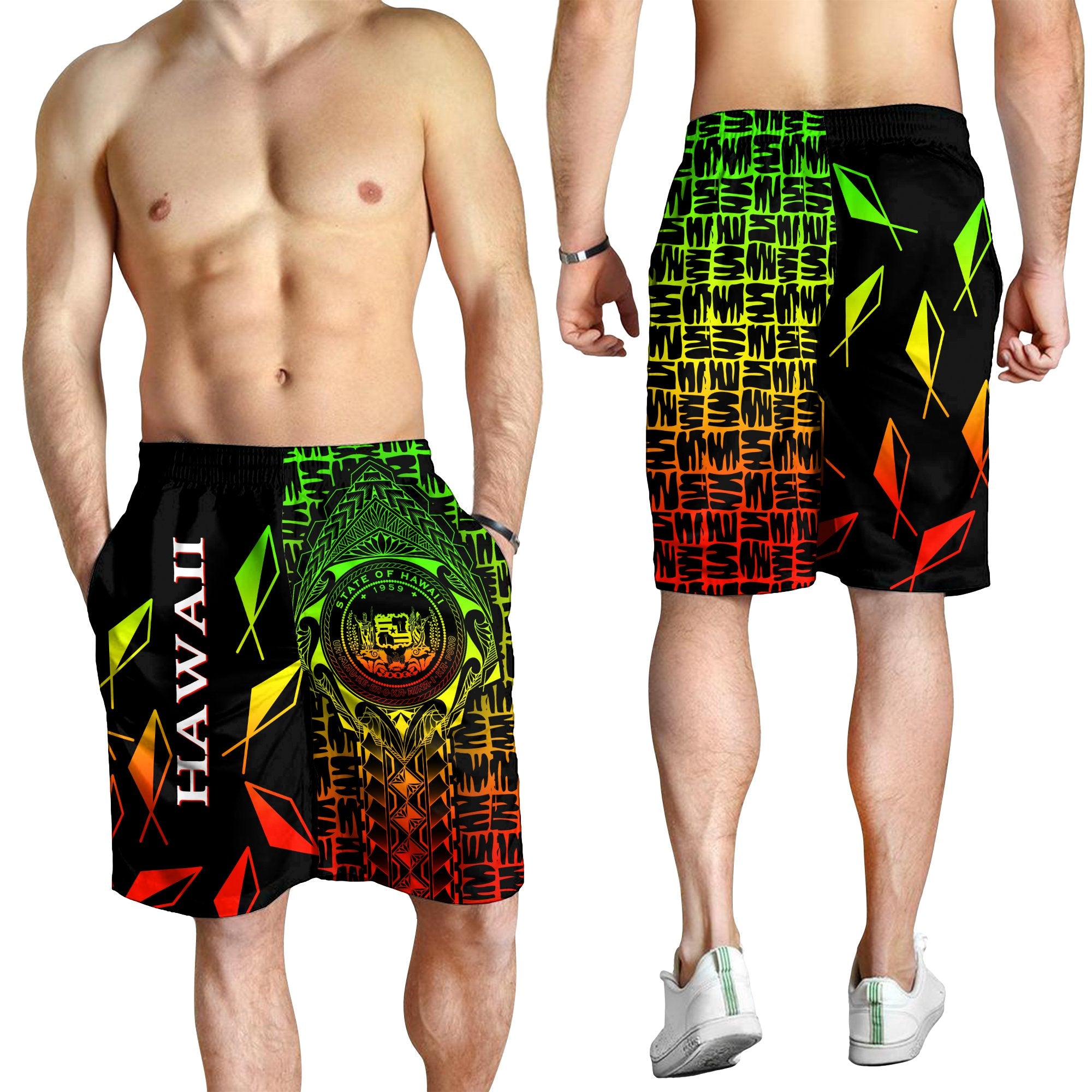 Hawaii Men Shorts - Hawaii Seal Rocket Style (Reggae) Black - Polynesian Pride