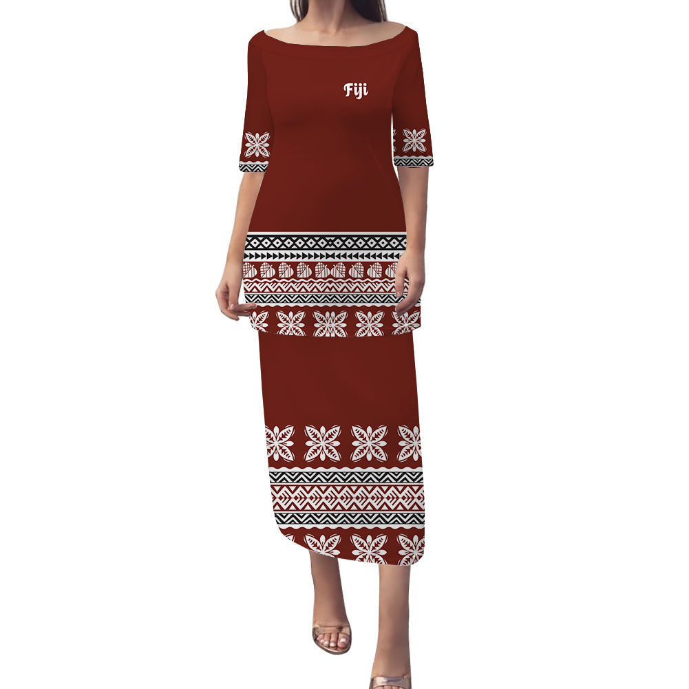 NE Fiji Bula Dress Ancient Tropical Pattern Puletasi Dress Ver.03 LT14 Red - Polynesian Pride