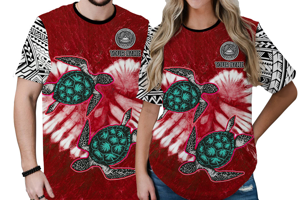 Custom American Samoa Couple Turtles T Shirt Polynesian Valentine HUSBand and WIFE Tie Dye Red LT13 - Polynesian Pride