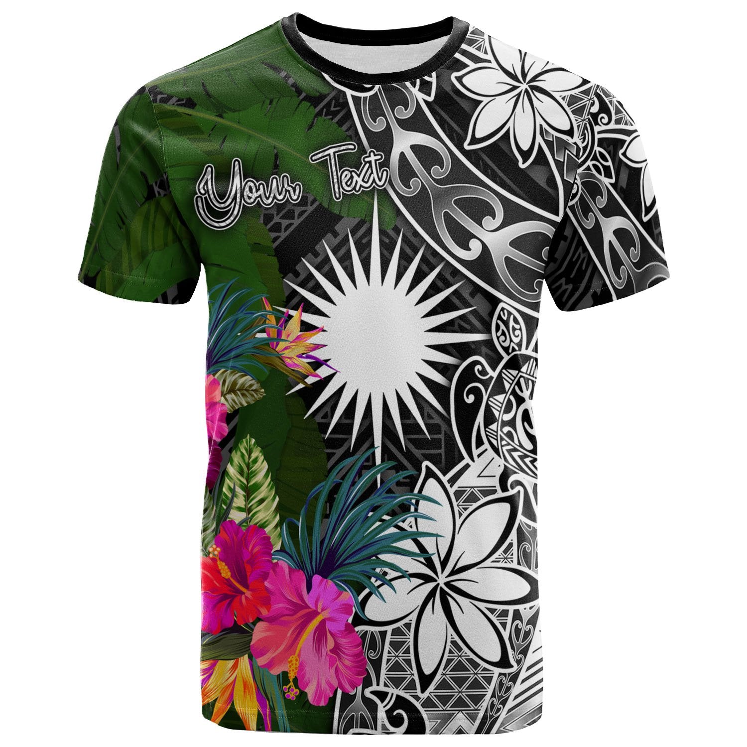 Marshall Islands Custom T Shirt Turtle Plumeria Banana Leaf Unisex Black - Polynesian Pride