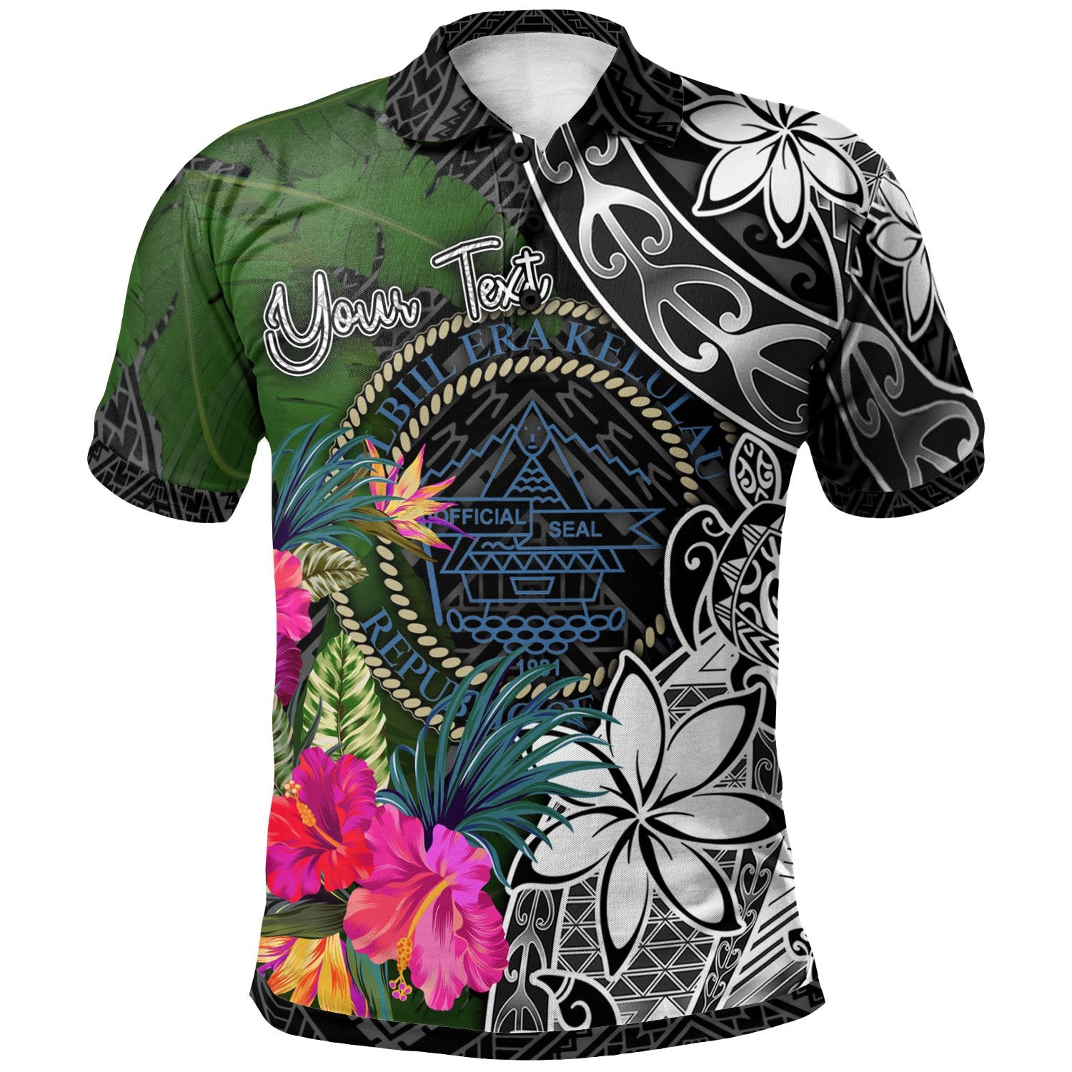 Palau Custom Polo Shirt Turtle Plumeria Banana Leaf Crest Unisex Black - Polynesian Pride