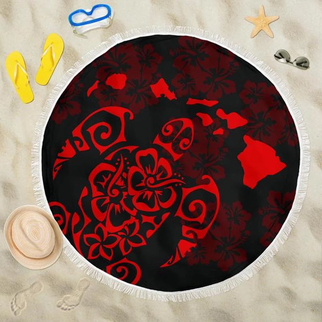 Turtle Hibiscus Map Red Beach Blanket Beach Blanket 59x59 Red - Polynesian Pride