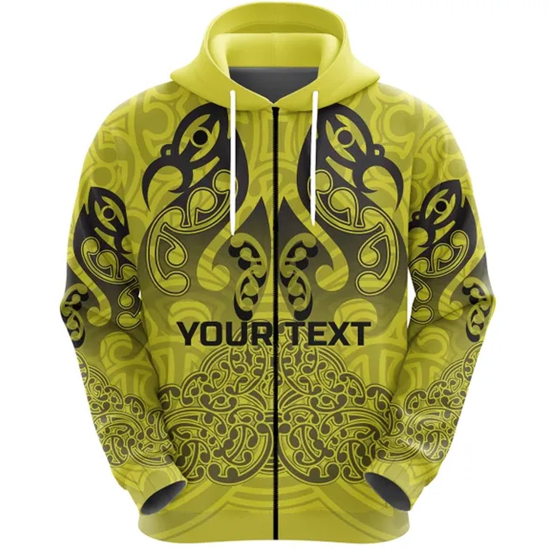 Custom Aotearoa Maori Rugby Zip Hoodie New Zealand Mount Taranaki Manaia Unisex Yellow - Polynesian Pride