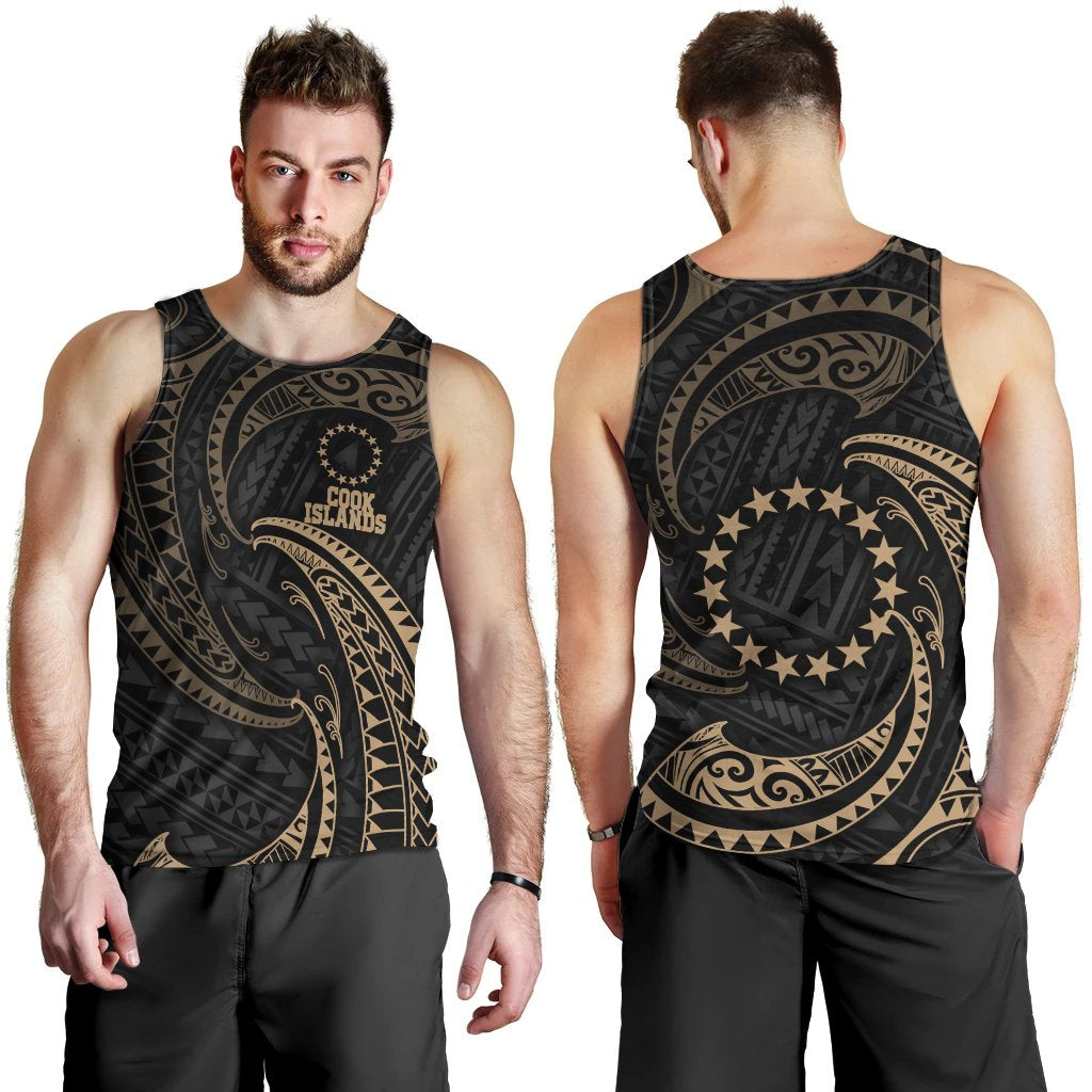 Cook Islands Polynesian Men's Tank Top - Gold Tribal Wave Black - Polynesian Pride