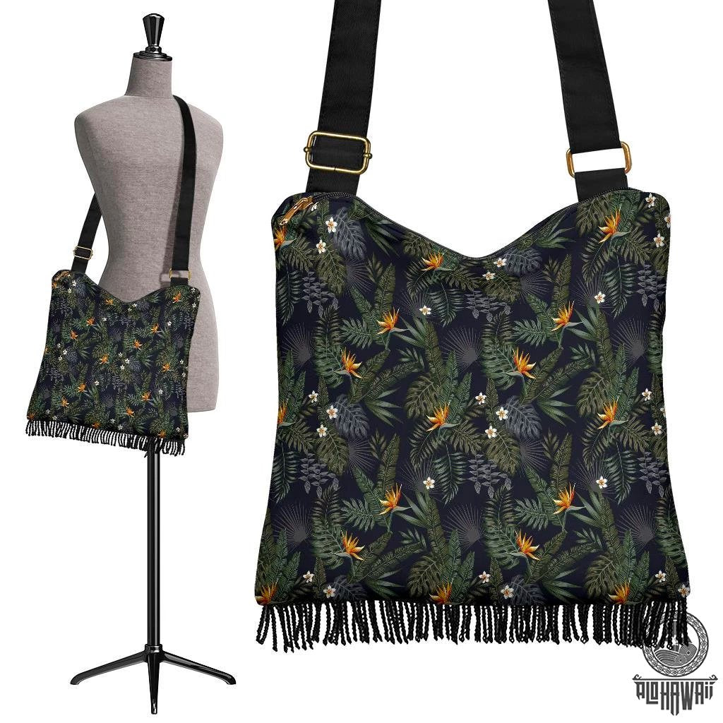Hawaii Tropical Leaves And Flowers In The Night Style Crossbody Boho Handbag Crossbody Boho Handbag One Size Green - Polynesian Pride