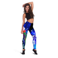 Samoa Leggings - Humpback Whale with Tropical Flowers (Blue) - Polynesian Pride