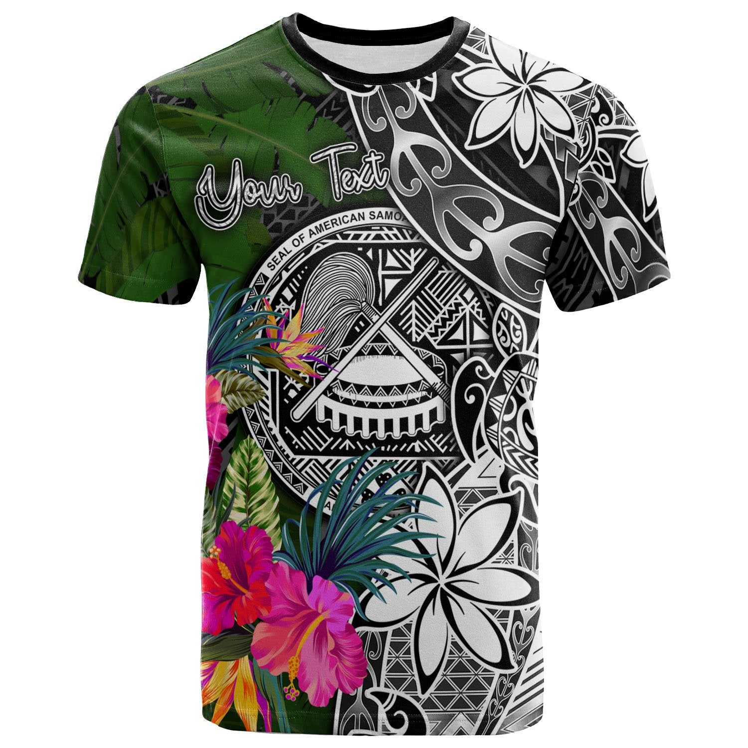 American Samoa Custom T Shirt Turtle Plumeria Banana Leaf Unisex Black - Polynesian Pride