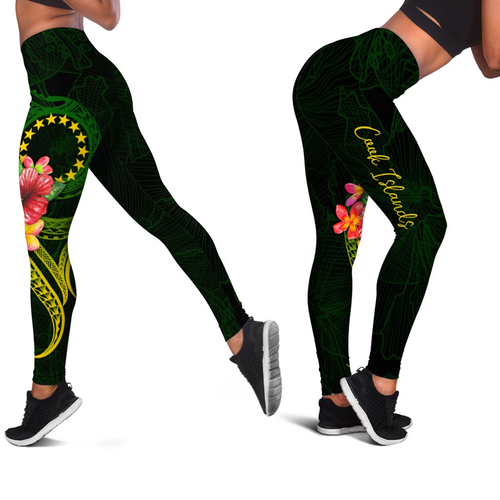 Cook Islands Polynesian Legging - Floral With Seal Flag Color Green - Polynesian Pride