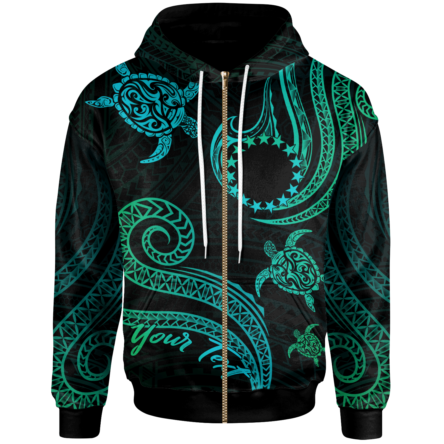 Cook Islands Custom Zip Hoodie Polynesian Turtle With Pattern Unisex Blue Green - Polynesian Pride