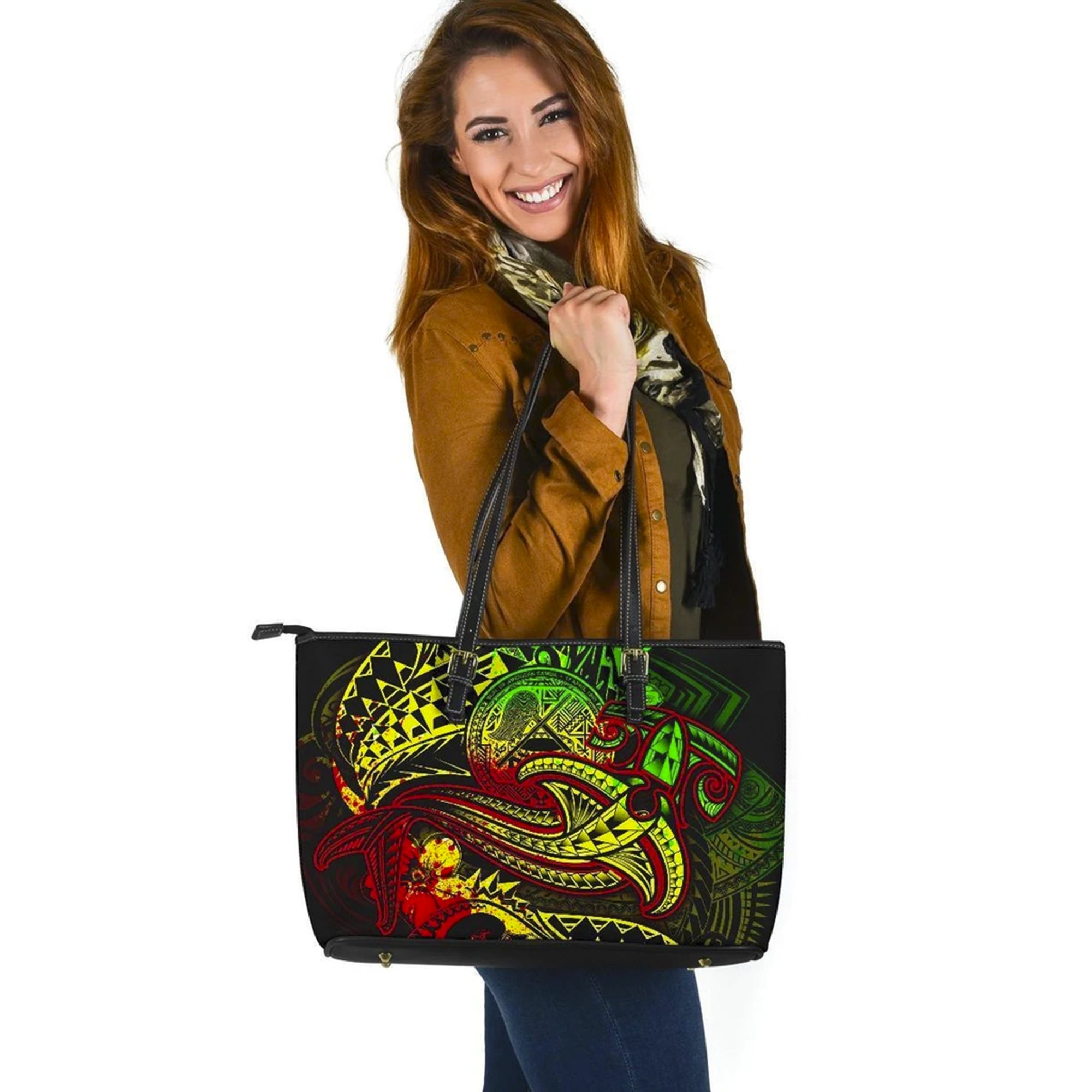 American Samoa Leather Tote Bag - Reggae Shark Polynesian Tattoo White - Polynesian Pride