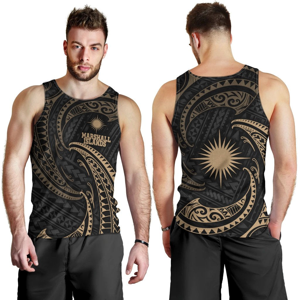 Marshall Islands Polynesian Men's Tank Top - Gold Tribal Wave Black - Polynesian Pride