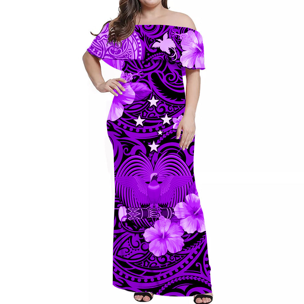 Papua New Guinea Off Shoulder Long Dress Polynesia Raggiana Bird of Paradise Purple LT13 Women Purple - Polynesian Pride