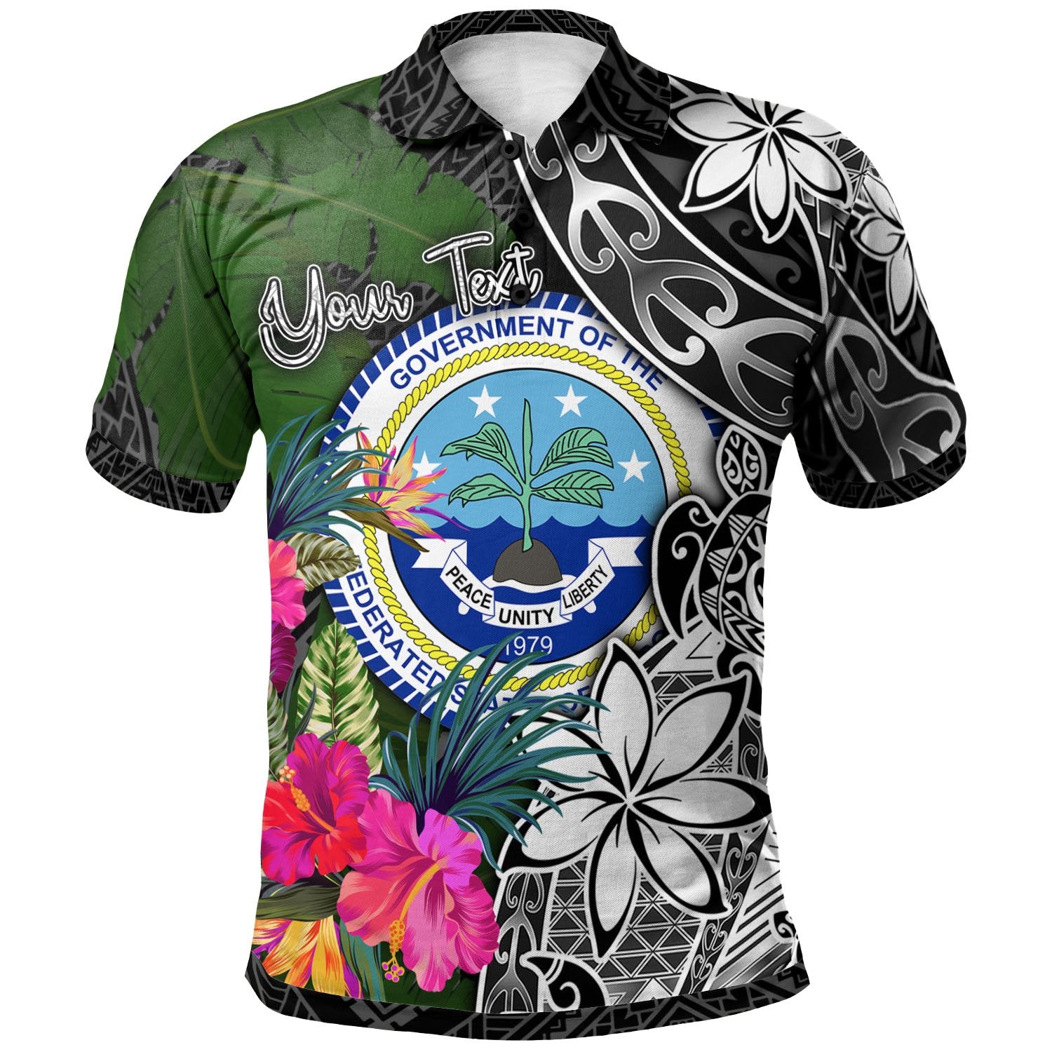 Federated States of Micronesia Custom Polo Shirt Turtle Plumeria Banana Leaf Unisex Black - Polynesian Pride