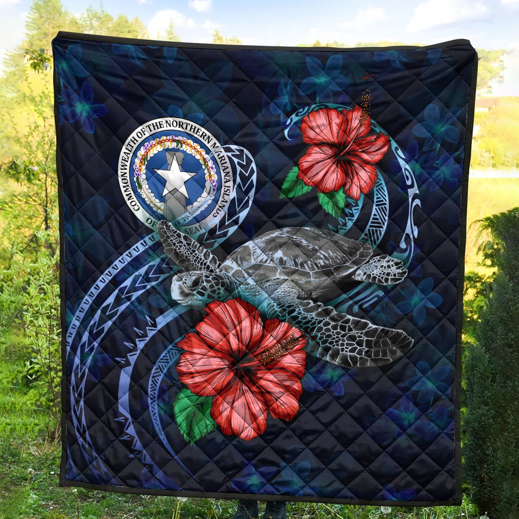 Northern Mariana Islands Polynesian Premium Quilt - Blue Turtle Hibiscus - Polynesian Pride