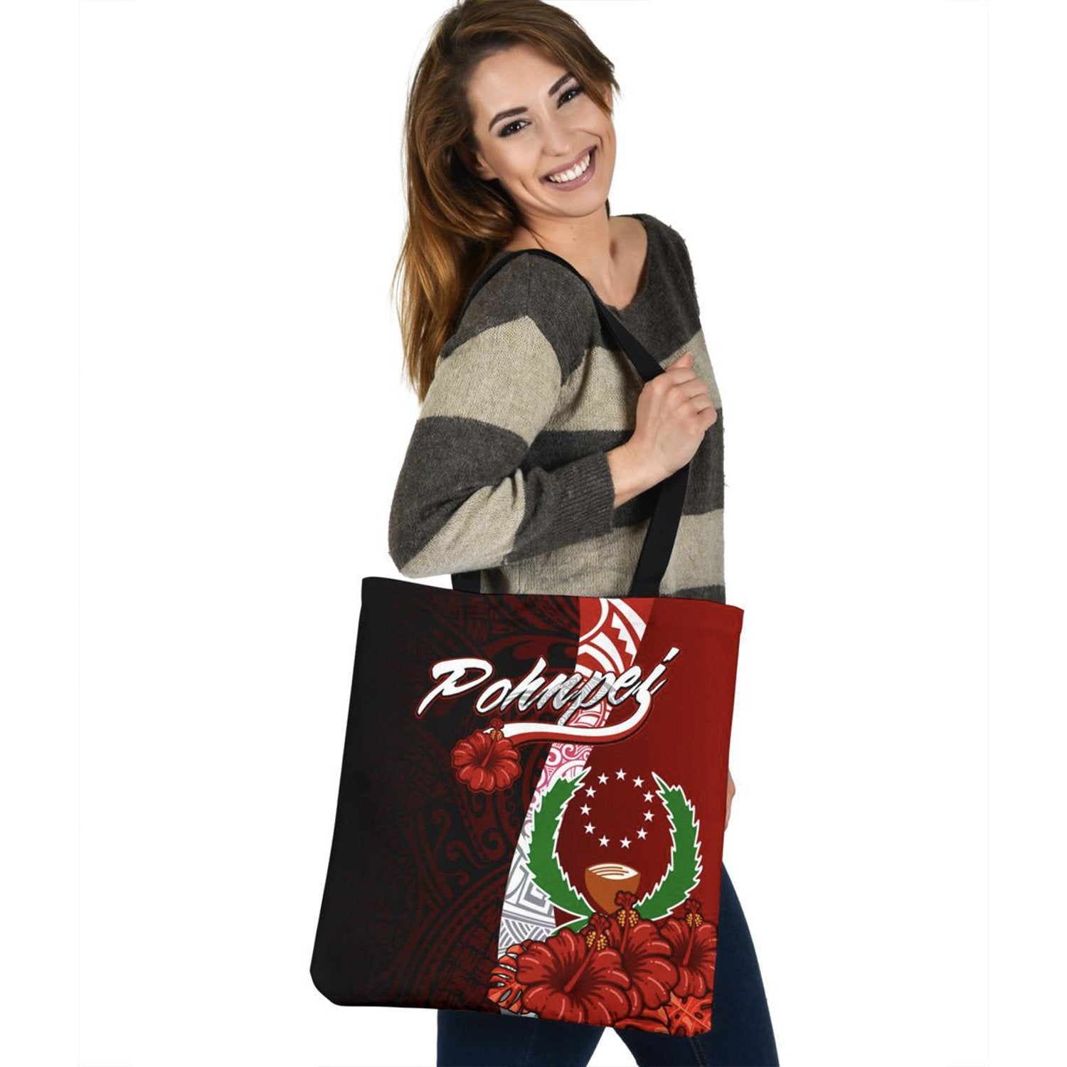 Pohnpei Micronesia Tote Bags - Coat Of Arm With Hibiscus Tote Bag One Size Red - Polynesian Pride