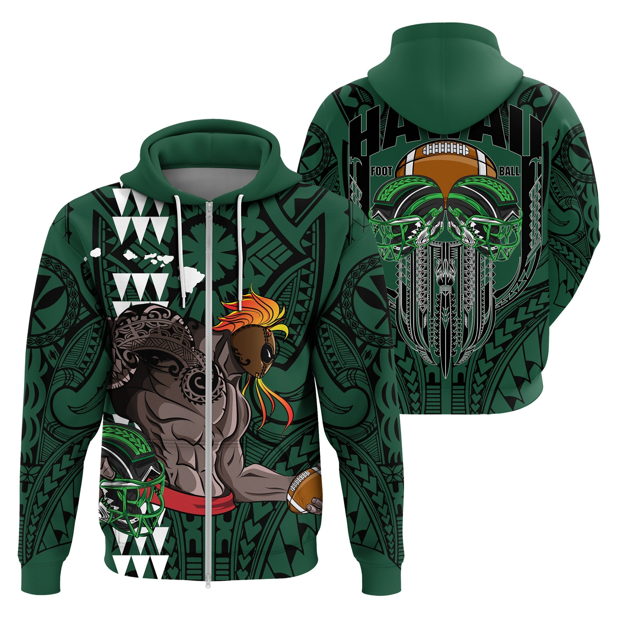 Hawaii Football Polynesian Warrior Zip Hoodie July Style Unisex Green - Polynesian Pride