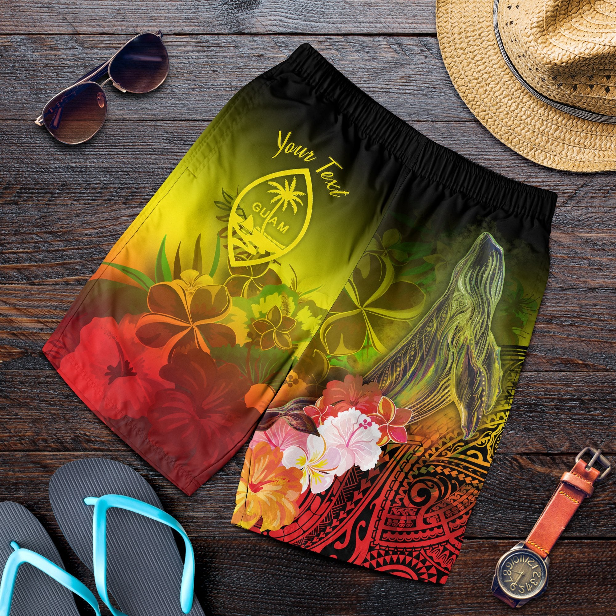 Guam Custom Personalised Men's Shorts - Humpback Whale with Tropical Flowers (Yellow) Yellow - Polynesian Pride