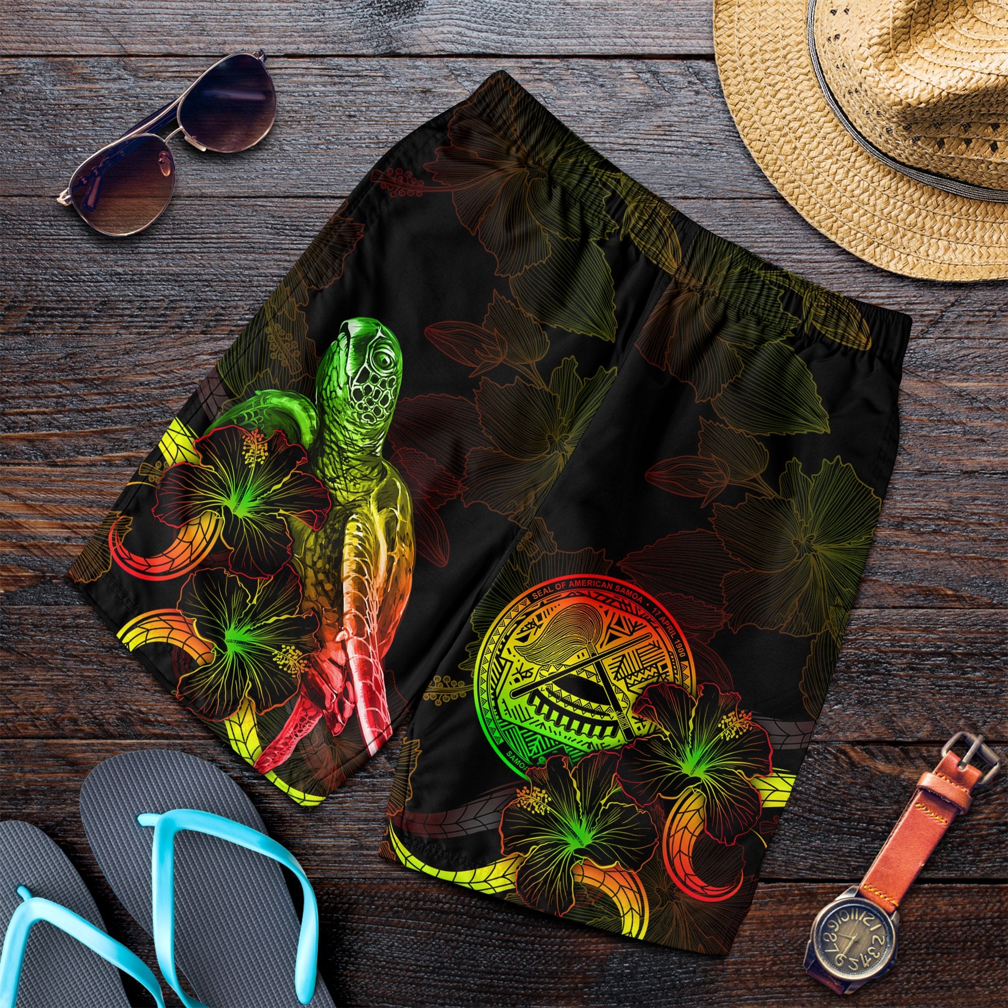 American Samoa Polynesian Men's Shorts - Turtle With Blooming Hibiscus Reggae Reggae - Polynesian Pride