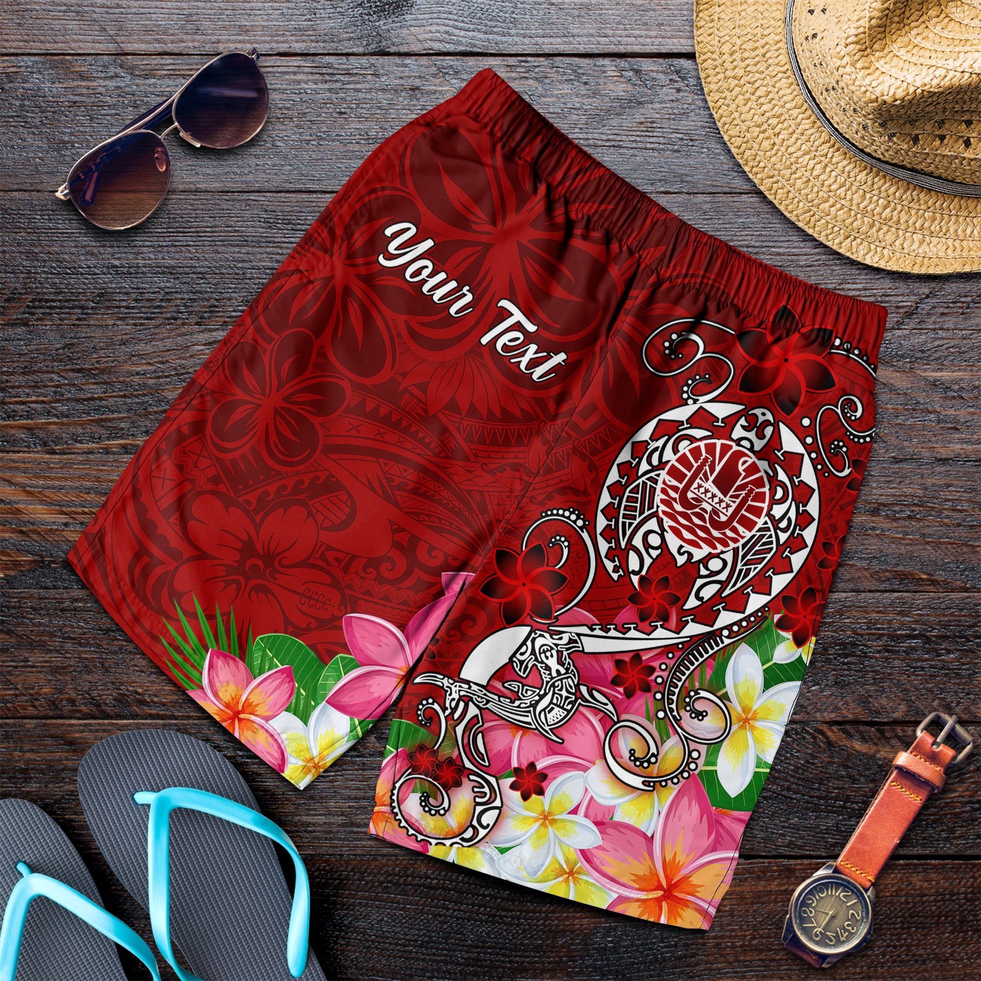 Tahiti Custom Personalised Men's Shorts - Turtle Plumeria (Red) Red - Polynesian Pride