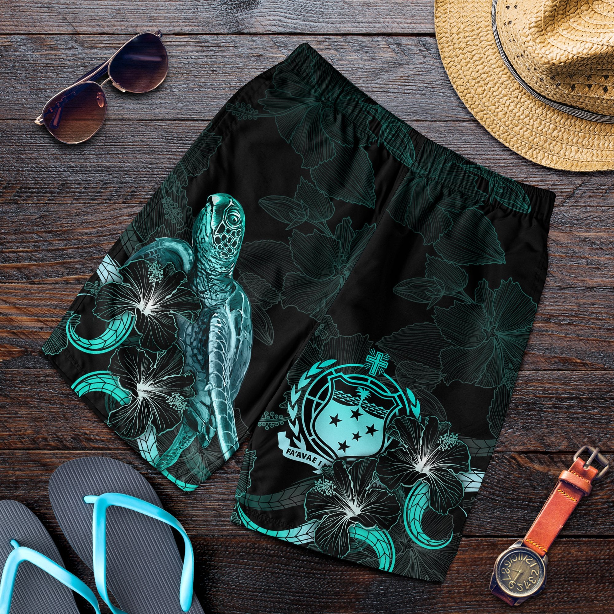 Samoa Polynesian Men's Shorts - Turtle With Blooming Hibiscus Turquoise Turquoise - Polynesian Pride