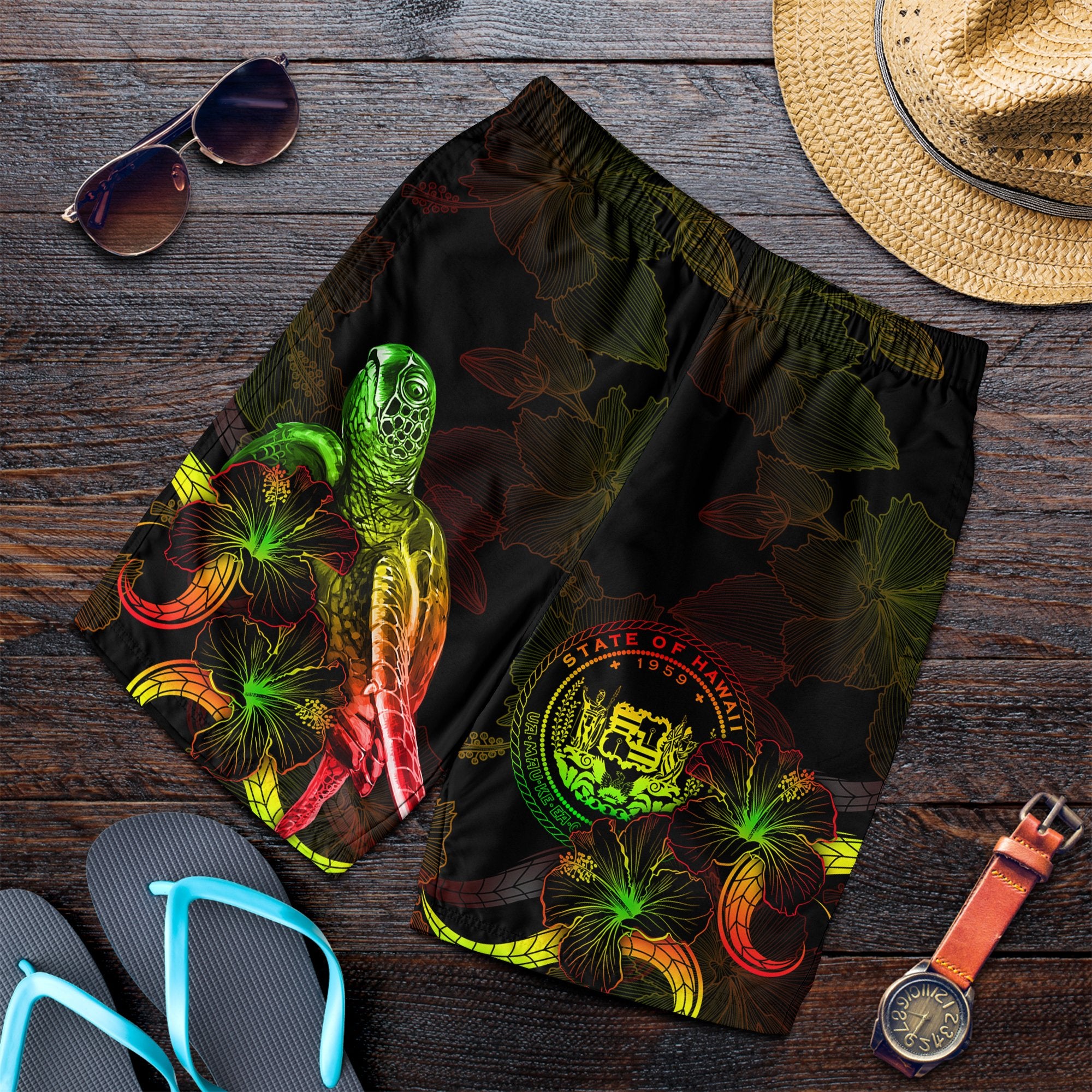 Hawaii Polynesian Men's Shorts - Turtle With Blooming Hibiscus Reggae Reggae - Polynesian Pride