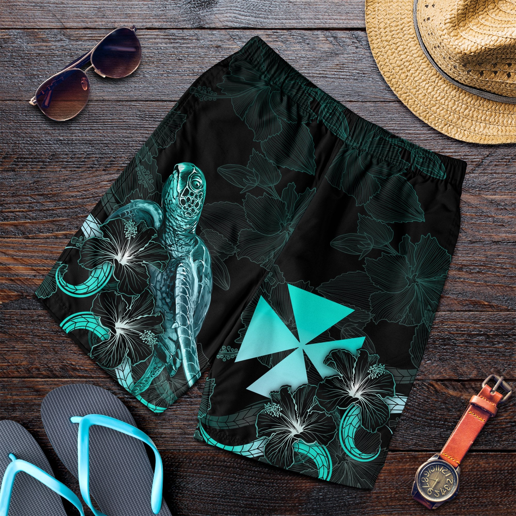 Wallis and Futuna Polynesian Men's Shorts - Turtle With Blooming Hibiscus Turquoise Turquoise - Polynesian Pride