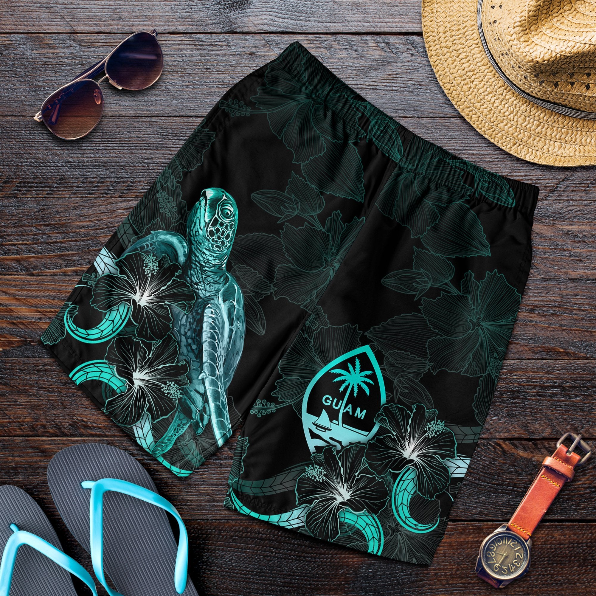 Guam Polynesian Men's Shorts - Turtle With Blooming Hibiscus Turquoise Turquoise - Polynesian Pride