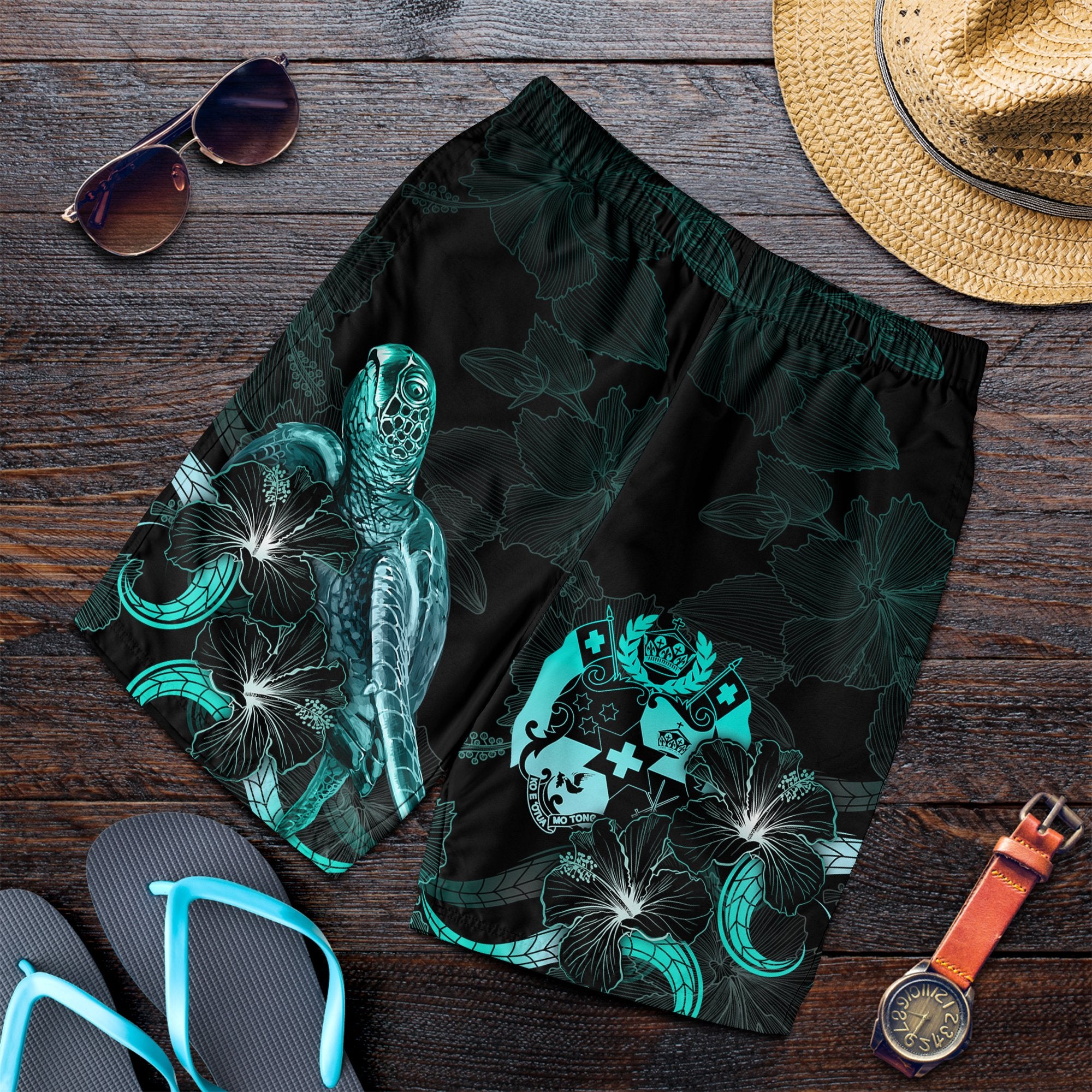 Tonga Polynesian Men's Shorts - Turtle With Blooming Hibiscus Turquoise Turquoise - Polynesian Pride