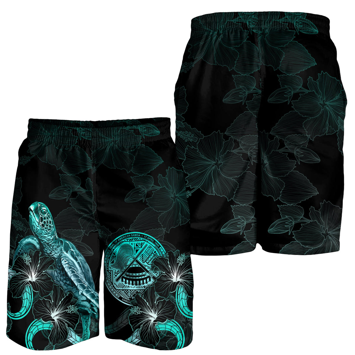 American Samoa Polynesian Men's Shorts - Turtle With Blooming Hibiscus Turquoise - Polynesian Pride