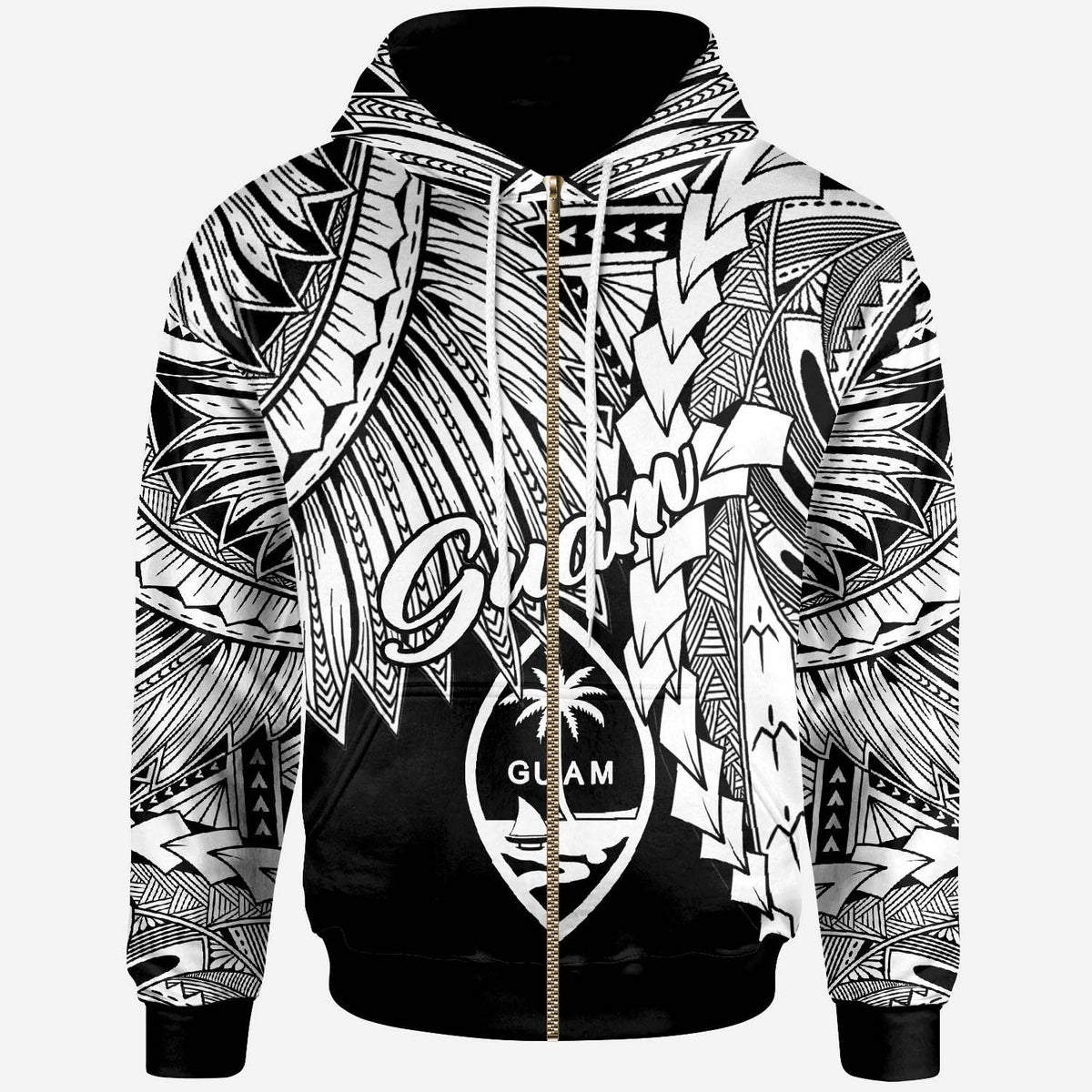 Guam Polynesian Zip up Hoodie Tribal Wave Tattoo White Unisex White - Polynesian Pride