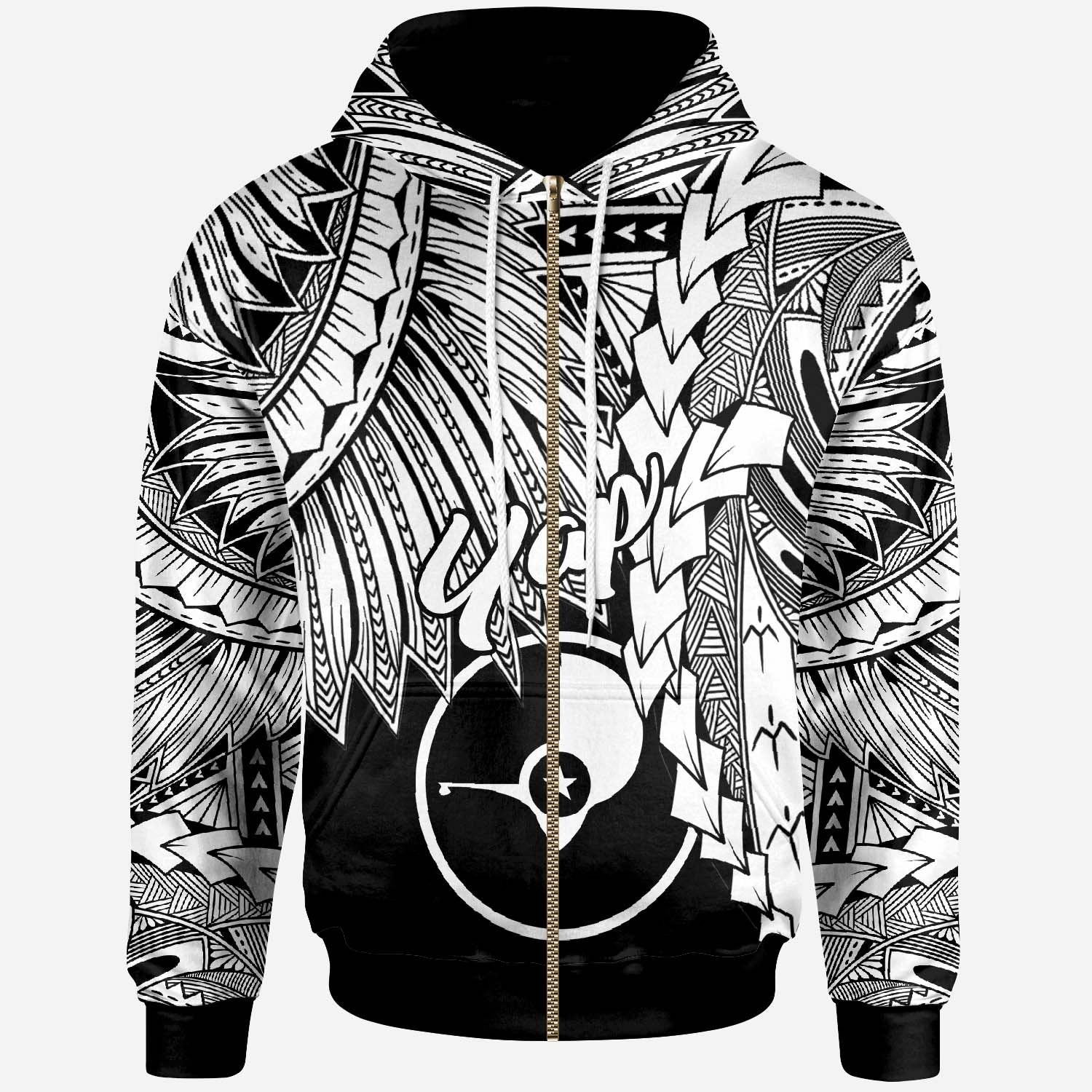 Yap Micronesian Zip up Hoodie Tribal Wave Tattoo White Unisex White - Polynesian Pride