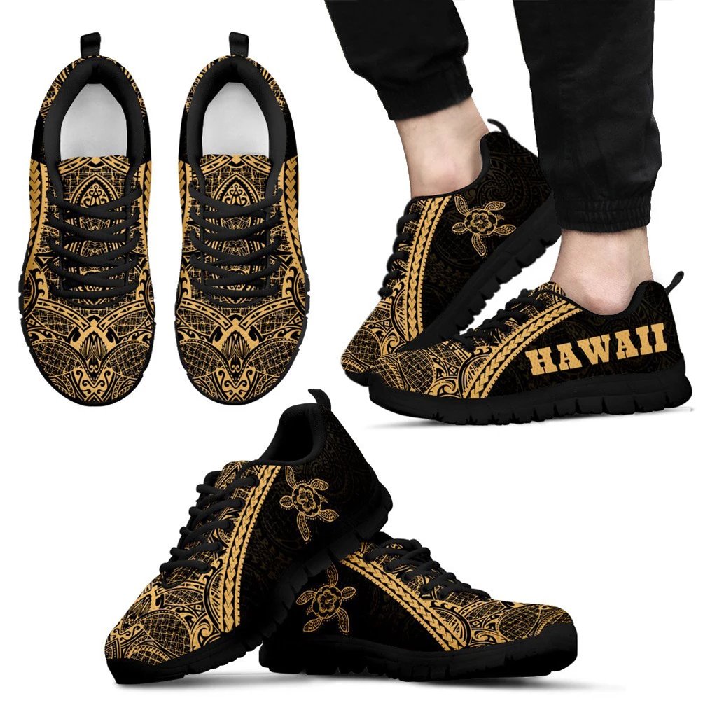 Hawaii Polynesian Tribal Sneaker Turtle Gold AH Men's Sneakers Black - Polynesian Pride