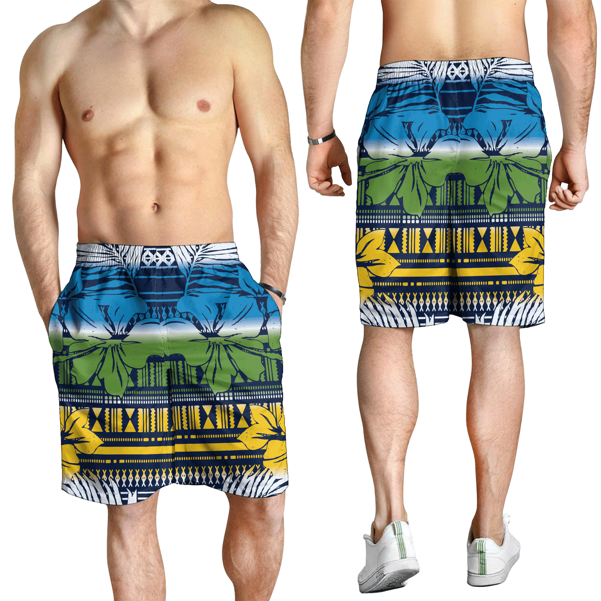 Polynesian Shorts for Men - Hibiscus Flower Tribal Fabric - Polynesian Pride