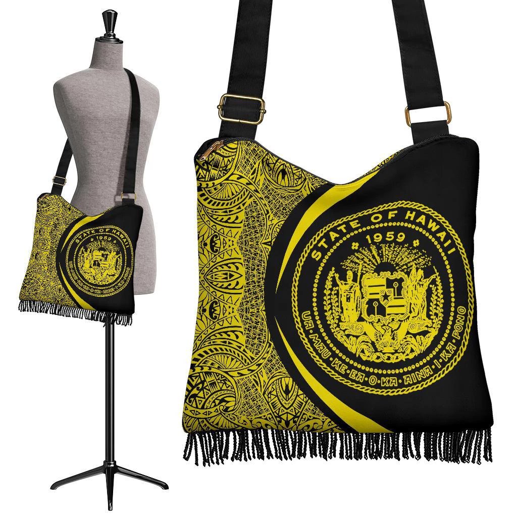 Hawaii Coat Of Arms Polynesian Crossbody Boho Handbag - Circle Style Yellow Crossbody Boho Handbag One Size Black - Polynesian Pride