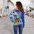 (Custom Personalised) Northern Mariana Islands Off Shoulder Sweater Mariana Fruit Dove Mix Frangipani Flowers Blue LT13 - Polynesian Pride